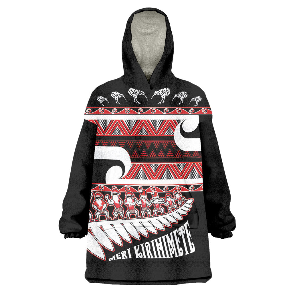 New Zealand Christmas Wearable Blanket Hoodie Funny Santa Claus Haka Dance with Tukutuku