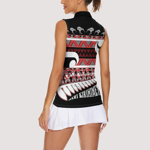 New Zealand Christmas Women Sleeveless Polo Shirt Funny Santa Claus Haka Dance with Tukutuku