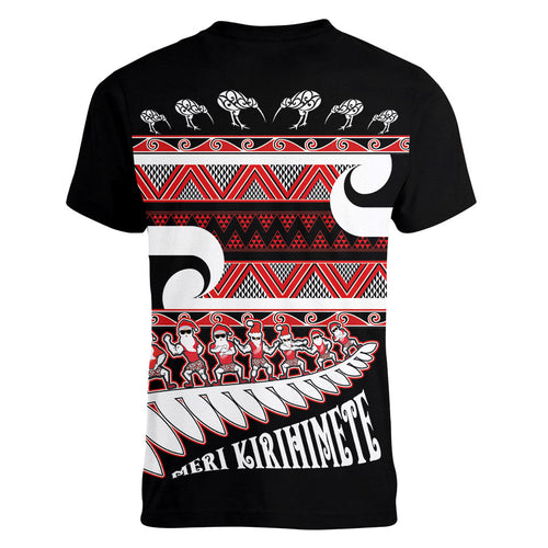New Zealand Christmas Women V-Neck T-Shirt Funny Santa Claus Haka Dance with Tukutuku