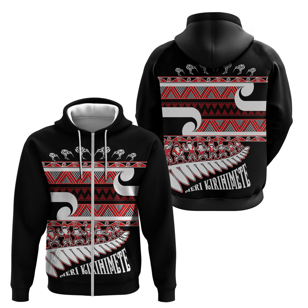 New Zealand Christmas Zip Hoodie Funny Santa Claus Haka Dance with Tukutuku