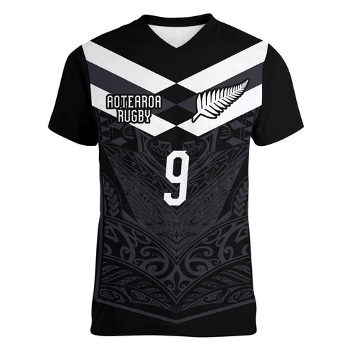 Aotearoa Rugby Custom Women V-Neck T-Shirt Maori Tribal Motifs Stripes-Sporty Style