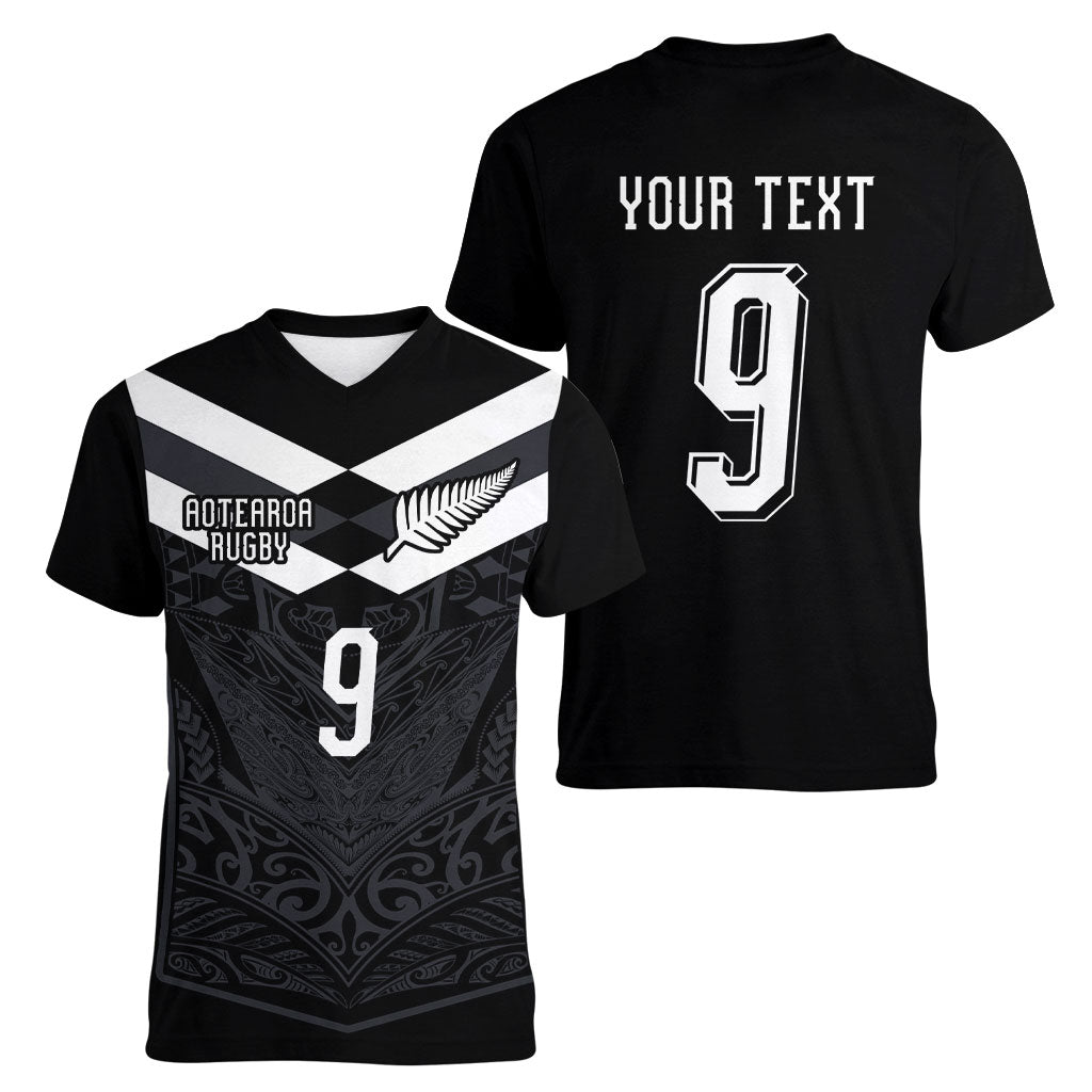 Aotearoa Rugby Custom Women V-Neck T-Shirt Maori Tribal Motifs Stripes-Sporty Style