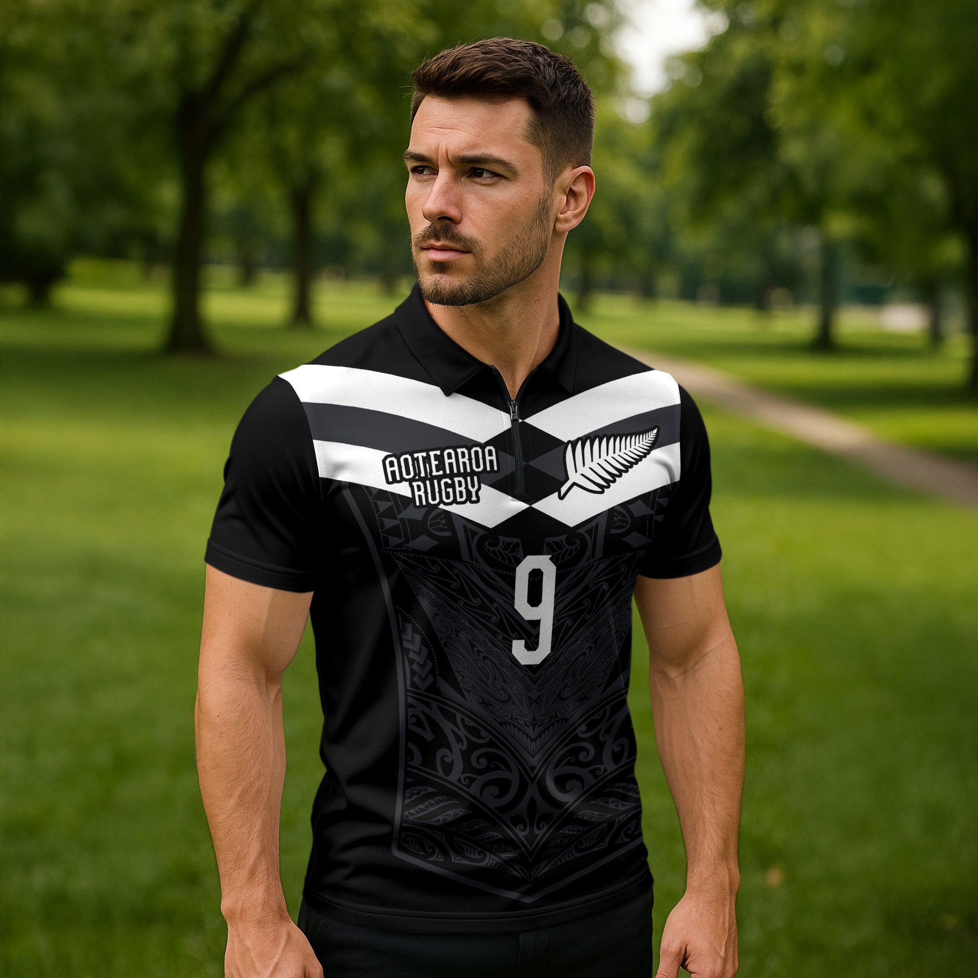 Aotearoa Rugby Custom Zipper Polo Shirt Maori Tribal Motifs Stripes-Sporty Style