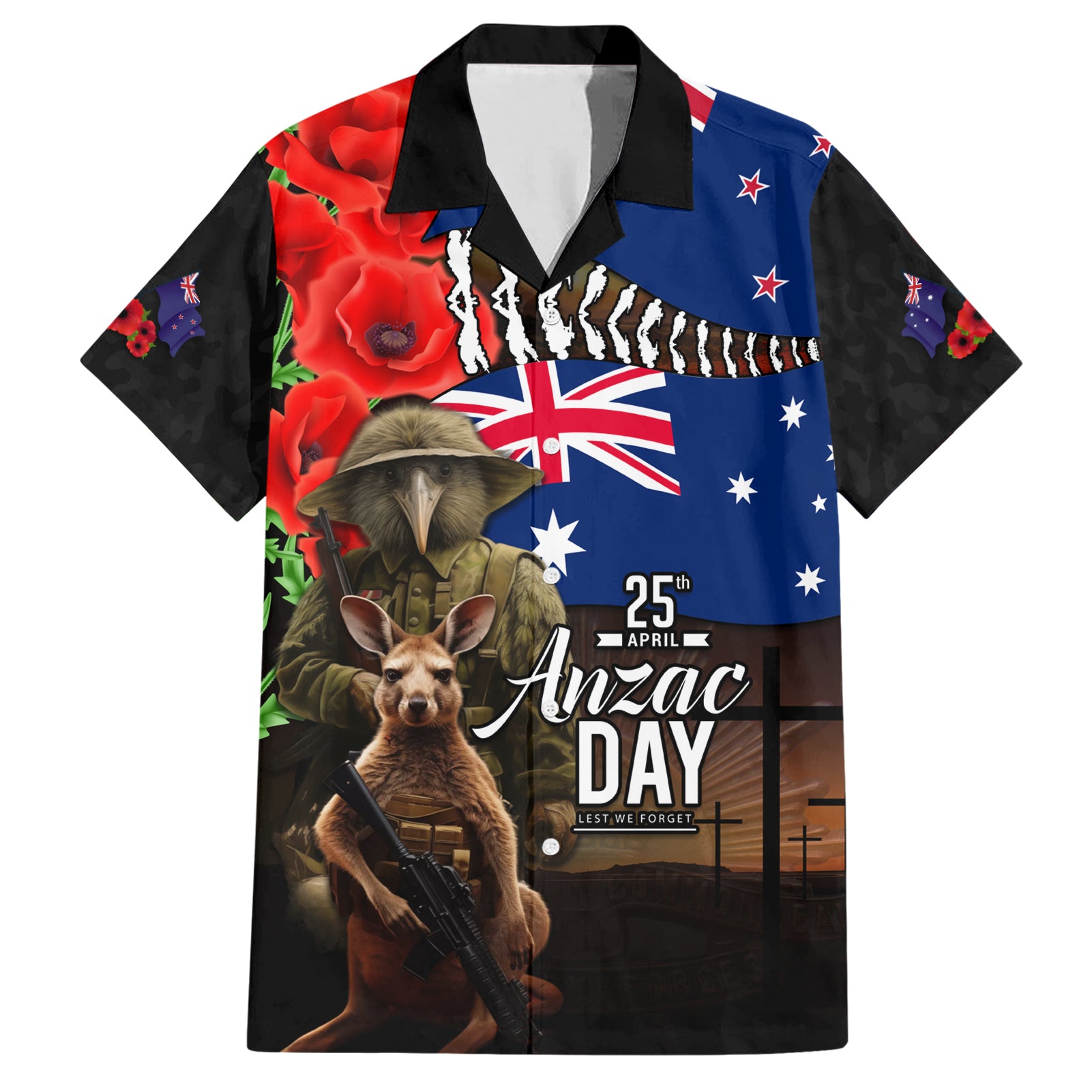 New Zealand and Australia ANZAC Day Hawaiian Shirt National Flag mix Kiwi Bird and Kangaroo Soldier Style
