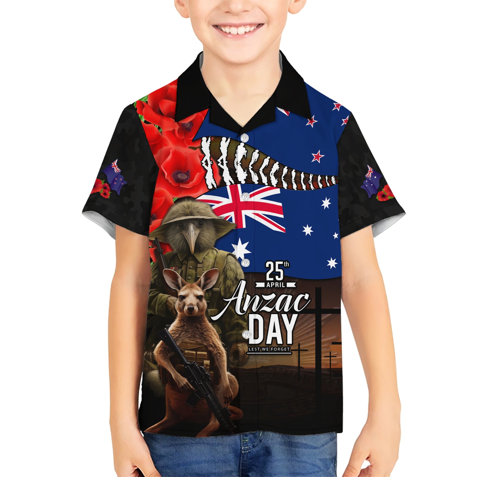 New Zealand and Australia ANZAC Day Hawaiian Shirt National Flag mix Kiwi Bird and Kangaroo Soldier Style