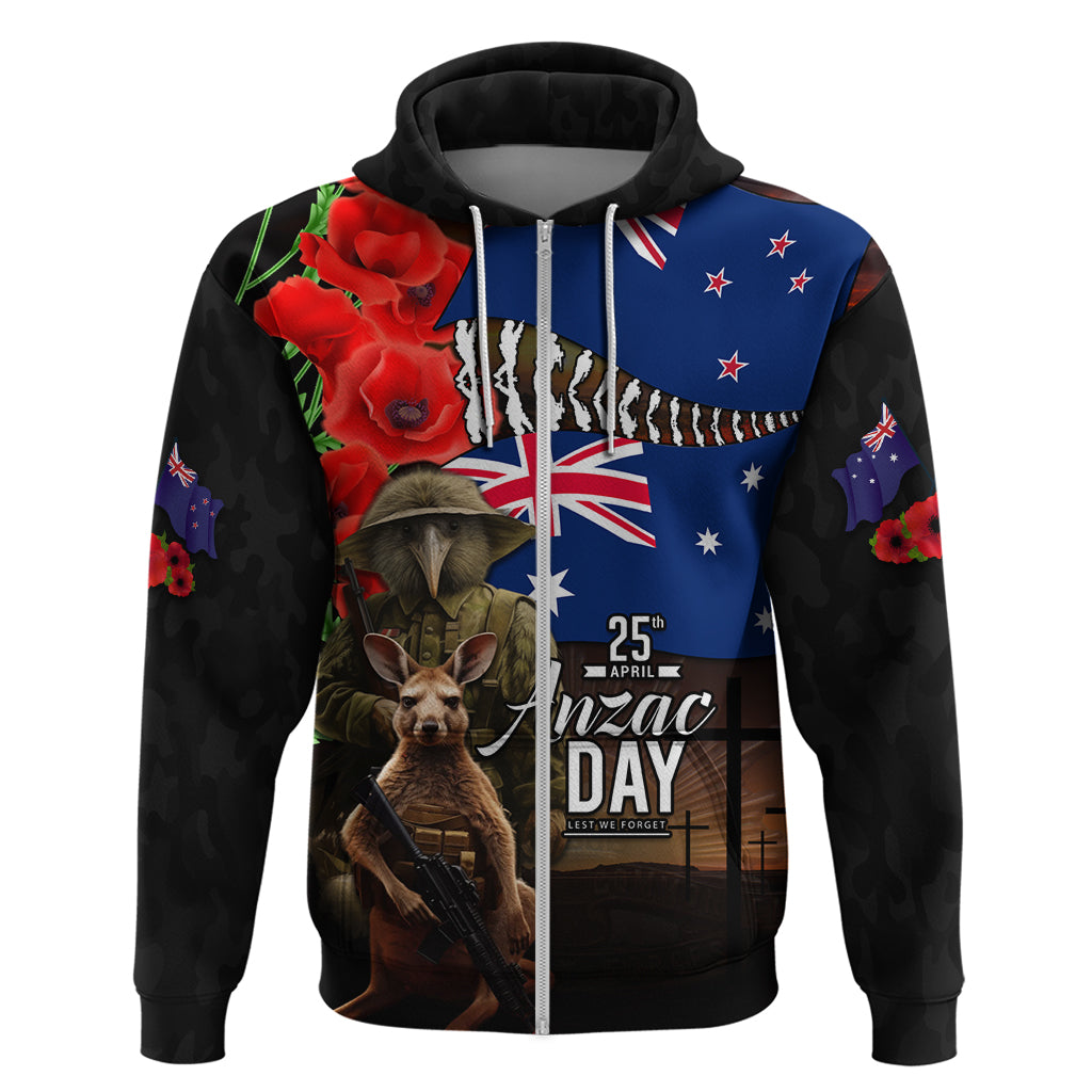 New Zealand and Australia ANZAC Day Hoodie National Flag mix Kiwi Bird and Kangaroo Soldier Style