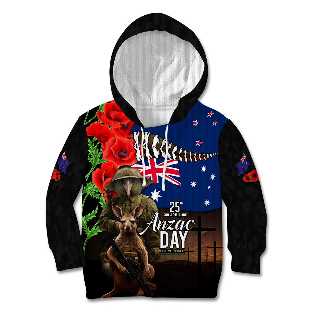 New Zealand and Australia ANZAC Day Kid Hoodie National Flag mix Kiwi Bird and Kangaroo Soldier Style
