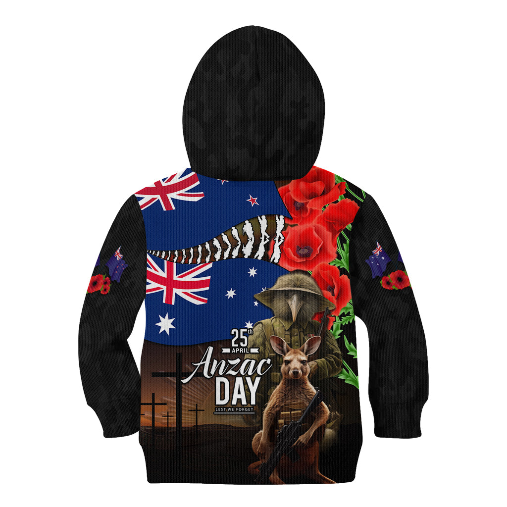 New Zealand and Australia ANZAC Day Kid Hoodie National Flag mix Kiwi Bird and Kangaroo Soldier Style