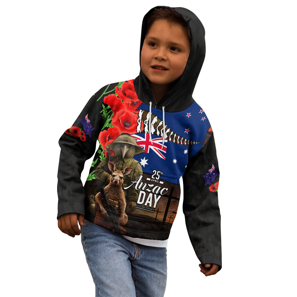 New Zealand and Australia ANZAC Day Kid Hoodie National Flag mix Kiwi Bird and Kangaroo Soldier Style
