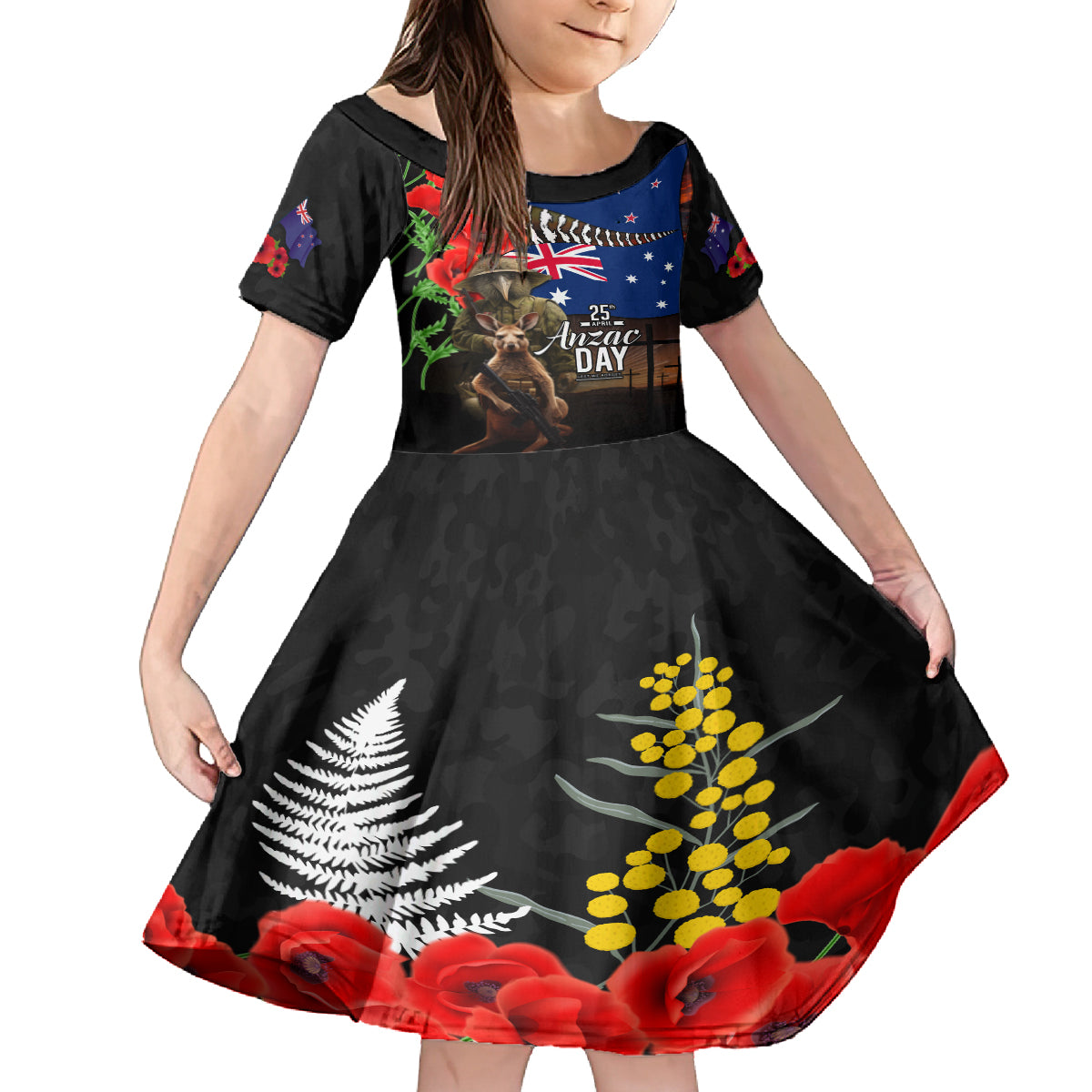 New Zealand and Australia ANZAC Day Kid Short Sleeve Dress National Flag mix Kiwi Bird and Kangaroo Soldier Style