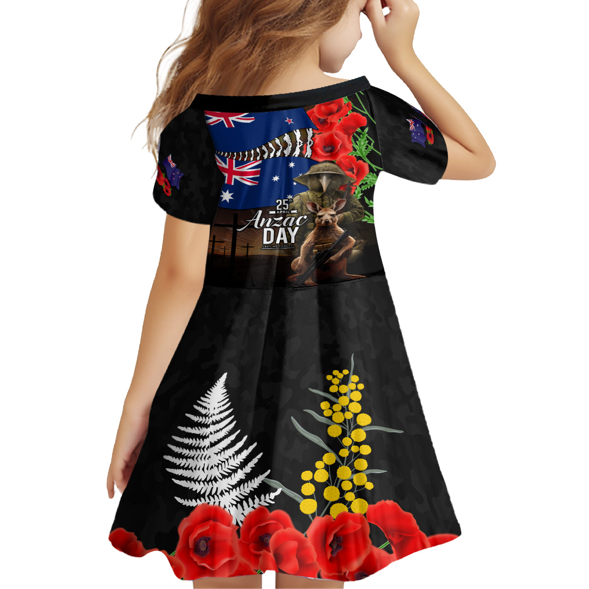 New Zealand and Australia ANZAC Day Kid Short Sleeve Dress National Flag mix Kiwi Bird and Kangaroo Soldier Style