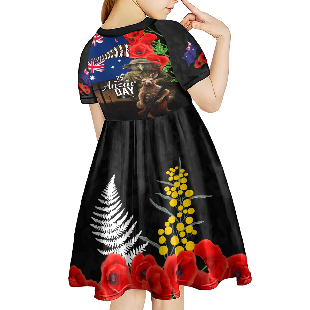 New Zealand and Australia ANZAC Day Kid Short Sleeve Dress National Flag mix Kiwi Bird and Kangaroo Soldier Style
