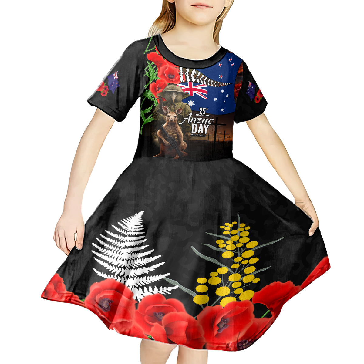 New Zealand and Australia ANZAC Day Kid Short Sleeve Dress National Flag mix Kiwi Bird and Kangaroo Soldier Style