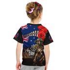 New Zealand and Australia ANZAC Day Kid T Shirt National Flag mix Kiwi Bird and Kangaroo Soldier Style