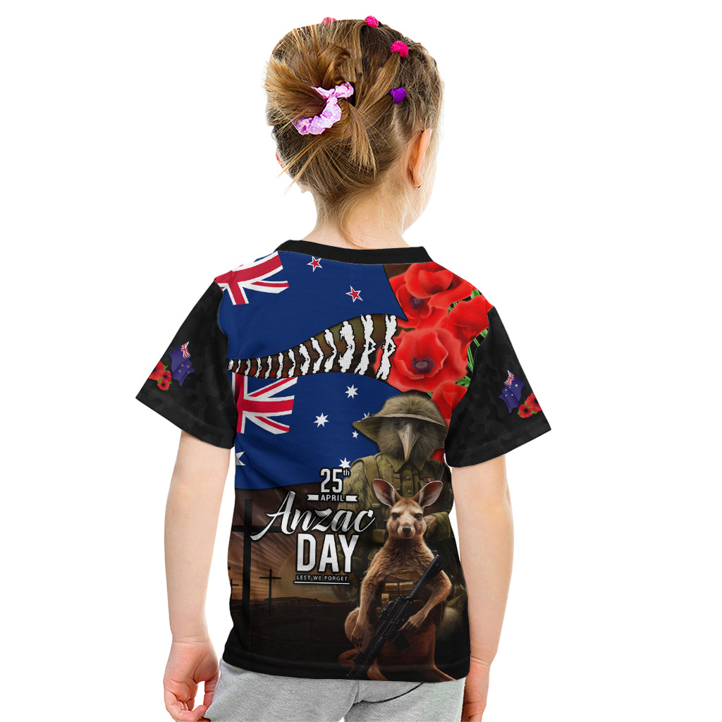 New Zealand and Australia ANZAC Day Kid T Shirt National Flag mix Kiwi Bird and Kangaroo Soldier Style