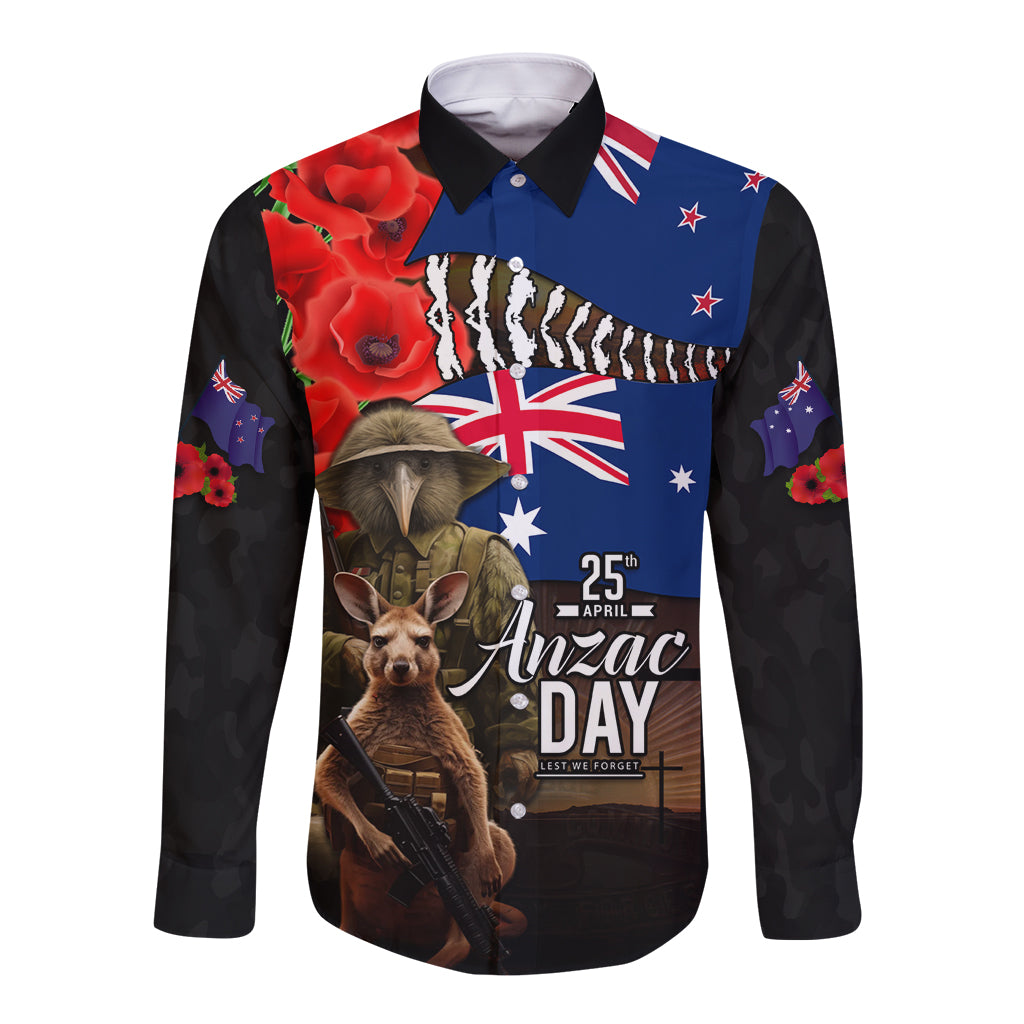 New Zealand and Australia ANZAC Day Long Sleeve Button Shirt National Flag mix Kiwi Bird and Kangaroo Soldier Style