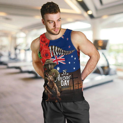 New Zealand and Australia ANZAC Day Men Tank Top National Flag mix Kiwi Bird and Kangaroo Soldier Style