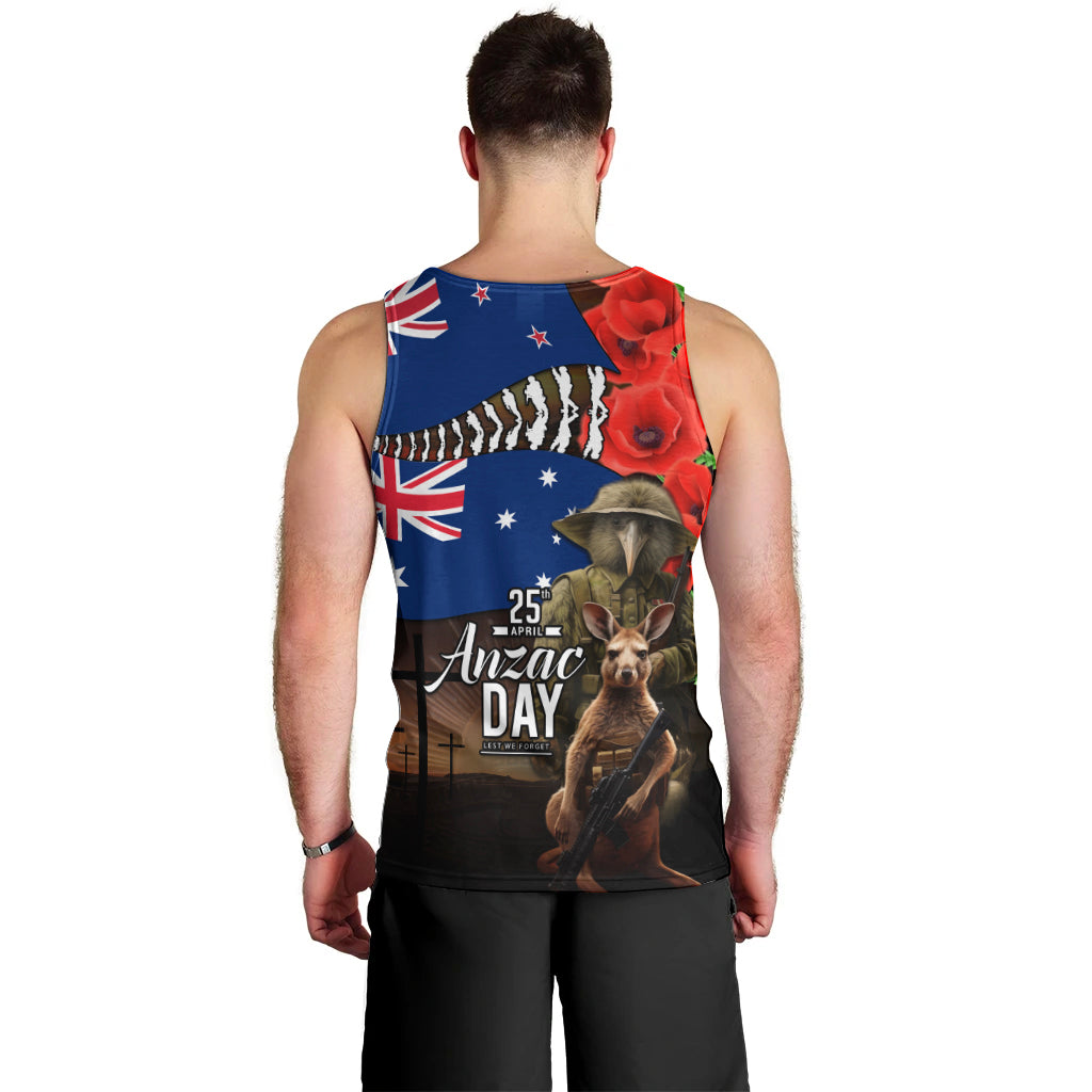 New Zealand and Australia ANZAC Day Men Tank Top National Flag mix Kiwi Bird and Kangaroo Soldier Style