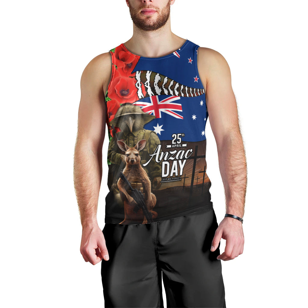 New Zealand and Australia ANZAC Day Men Tank Top National Flag mix Kiwi Bird and Kangaroo Soldier Style