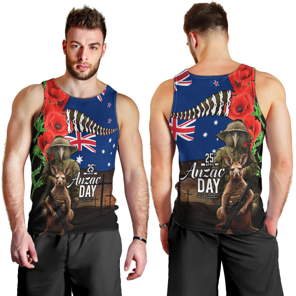 New Zealand and Australia ANZAC Day Men Tank Top National Flag mix Kiwi Bird and Kangaroo Soldier Style