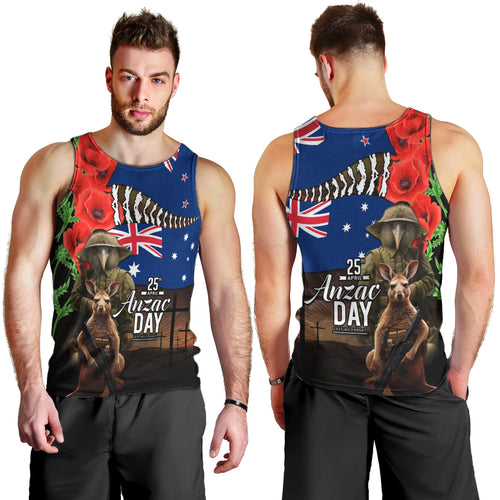 New Zealand and Australia ANZAC Day Men Tank Top National Flag mix Kiwi Bird and Kangaroo Soldier Style