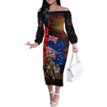 New Zealand and Australia ANZAC Day Off The Shoulder Long Sleeve Dress National Flag mix Kiwi Bird and Kangaroo Soldier Style