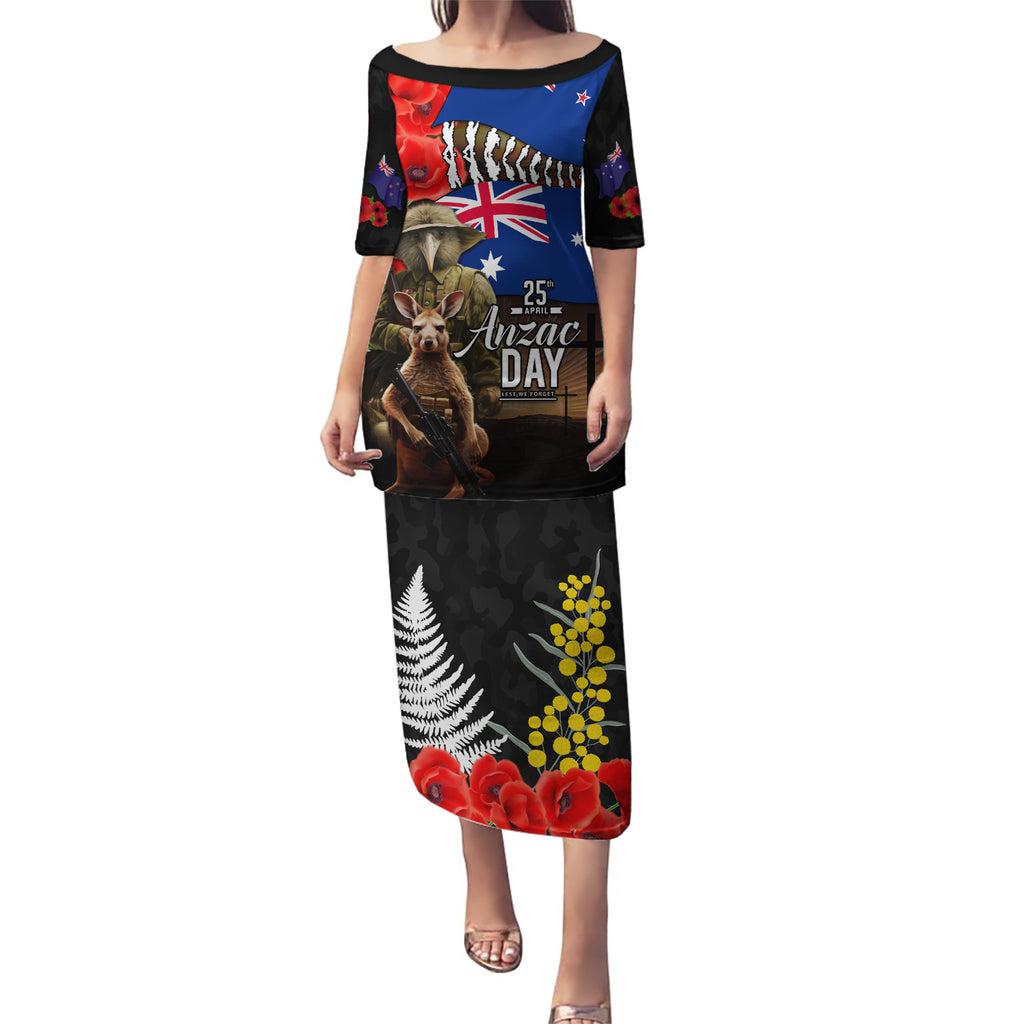 New Zealand and Australia ANZAC Day Puletasi National Flag mix Kiwi Bird and Kangaroo Soldier Style