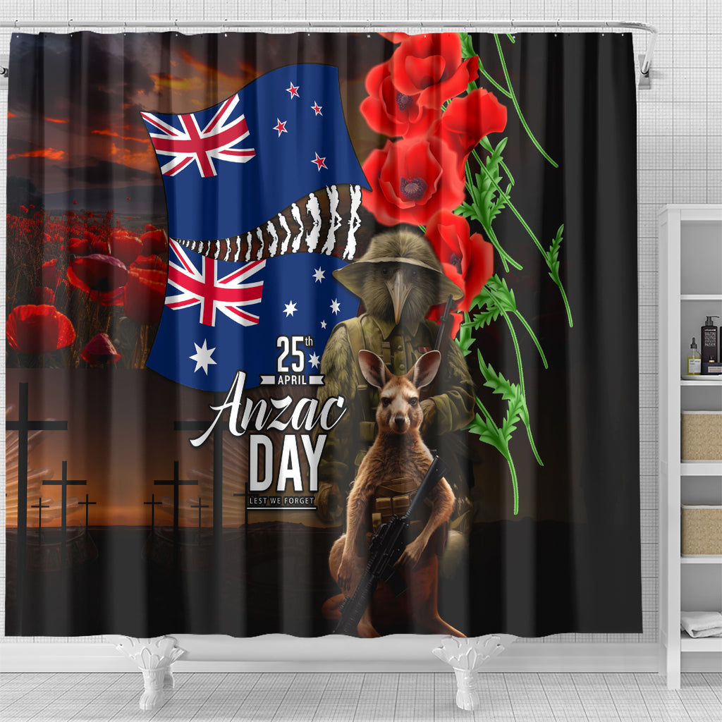 New Zealand and Australia ANZAC Day Shower Curtain National Flag mix Kiwi Bird and Kangaroo Soldier Style