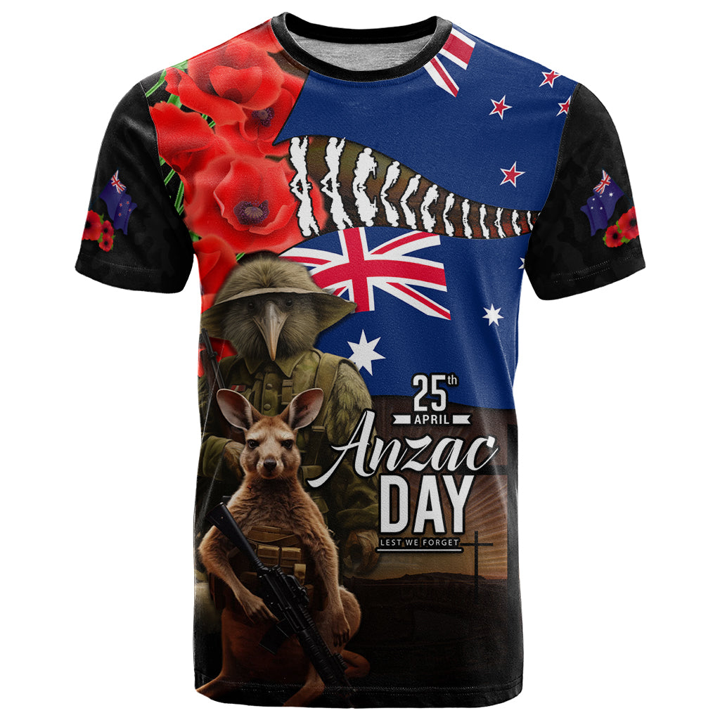 New Zealand and Australia ANZAC Day T Shirt National Flag mix Kiwi Bird and Kangaroo Soldier Style