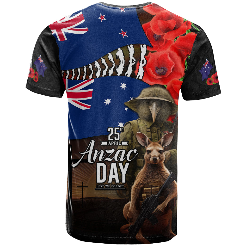 New Zealand and Australia ANZAC Day T Shirt National Flag mix Kiwi Bird and Kangaroo Soldier Style