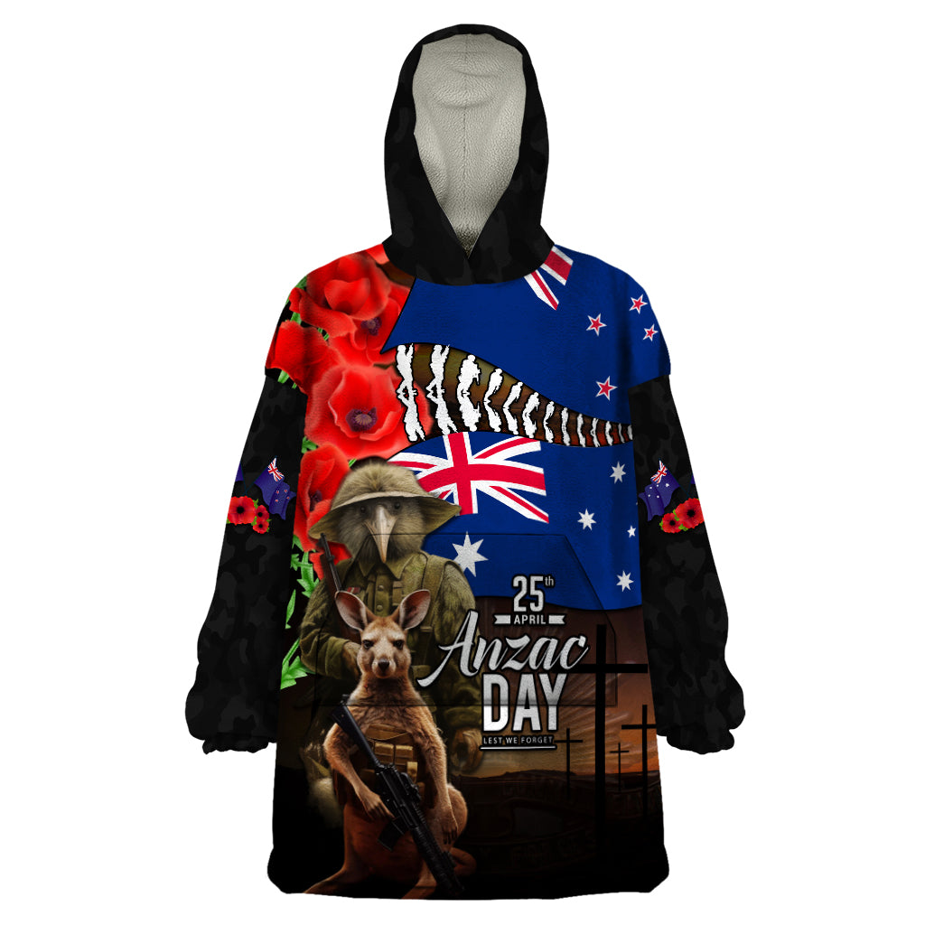 New Zealand and Australia ANZAC Day Wearable Blanket Hoodie National Flag mix Kiwi Bird and Kangaroo Soldier Style