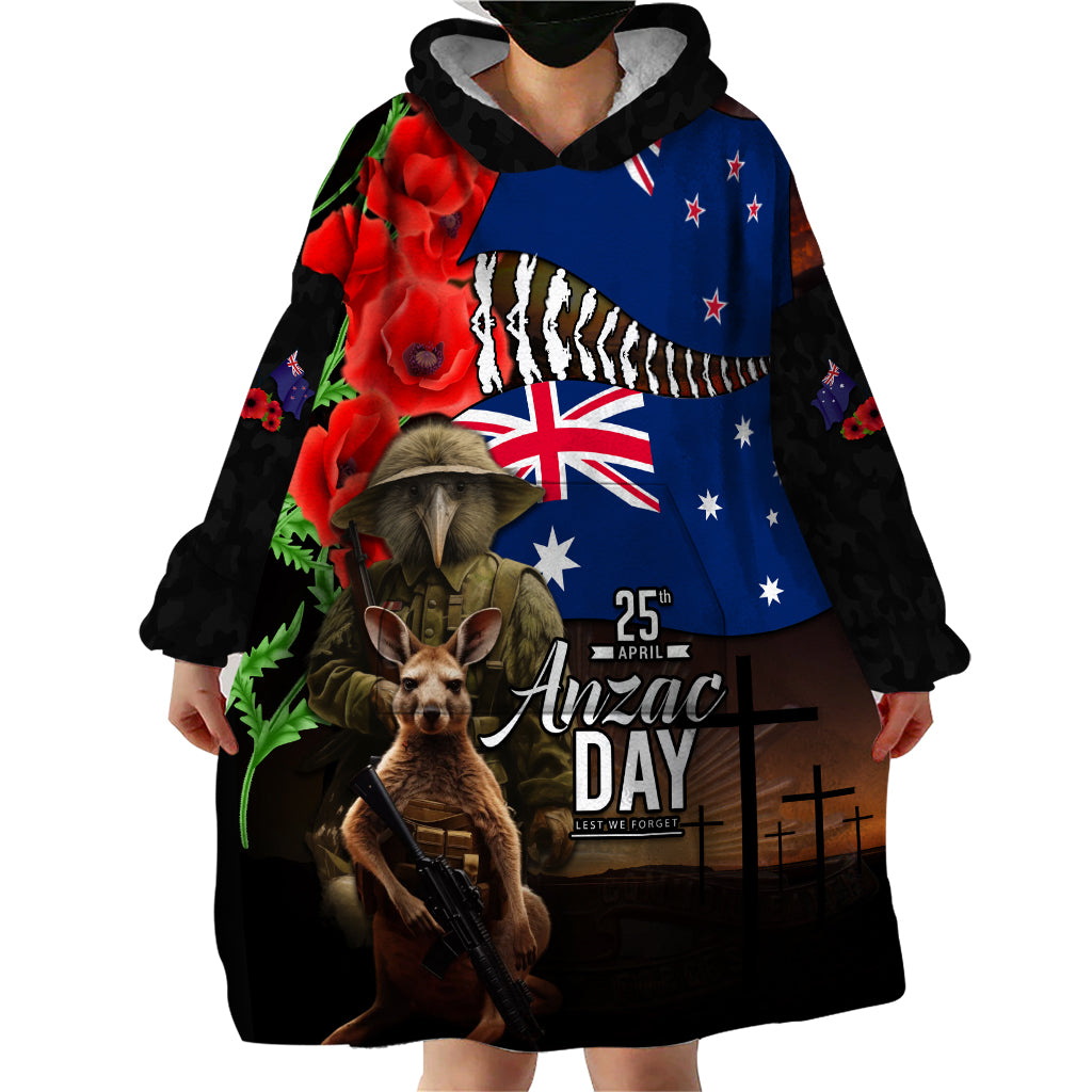 New Zealand and Australia ANZAC Day Wearable Blanket Hoodie National Flag mix Kiwi Bird and Kangaroo Soldier Style