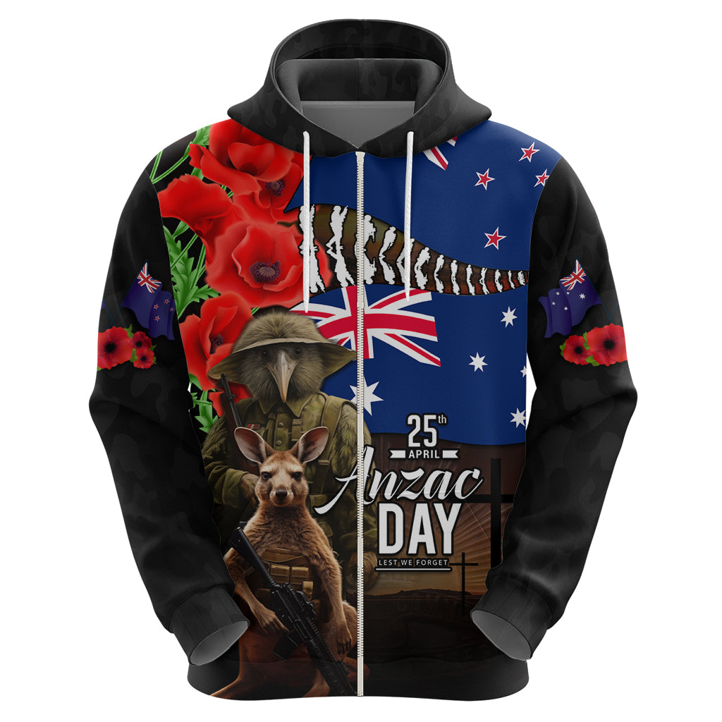 New Zealand and Australia ANZAC Day Zip Hoodie National Flag mix Kiwi Bird and Kangaroo Soldier Style