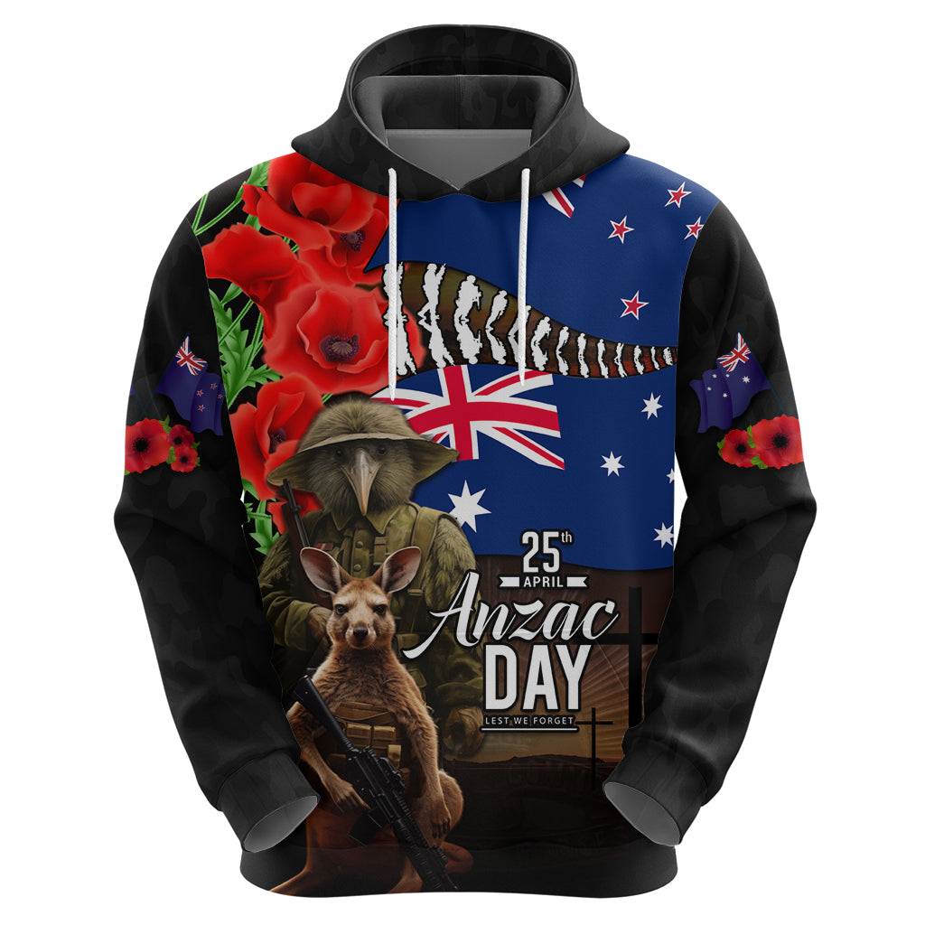 New Zealand and Australia ANZAC Day Zip Hoodie National Flag mix Kiwi Bird and Kangaroo Soldier Style