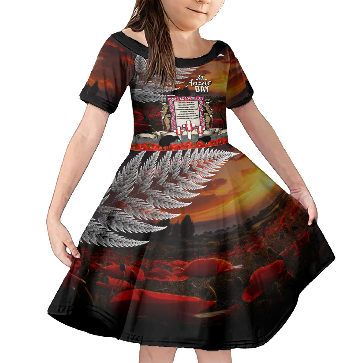 New Zealand ANZAC Day Kid Short Sleeve Dress The Ode of Remembrance and Silver Fern