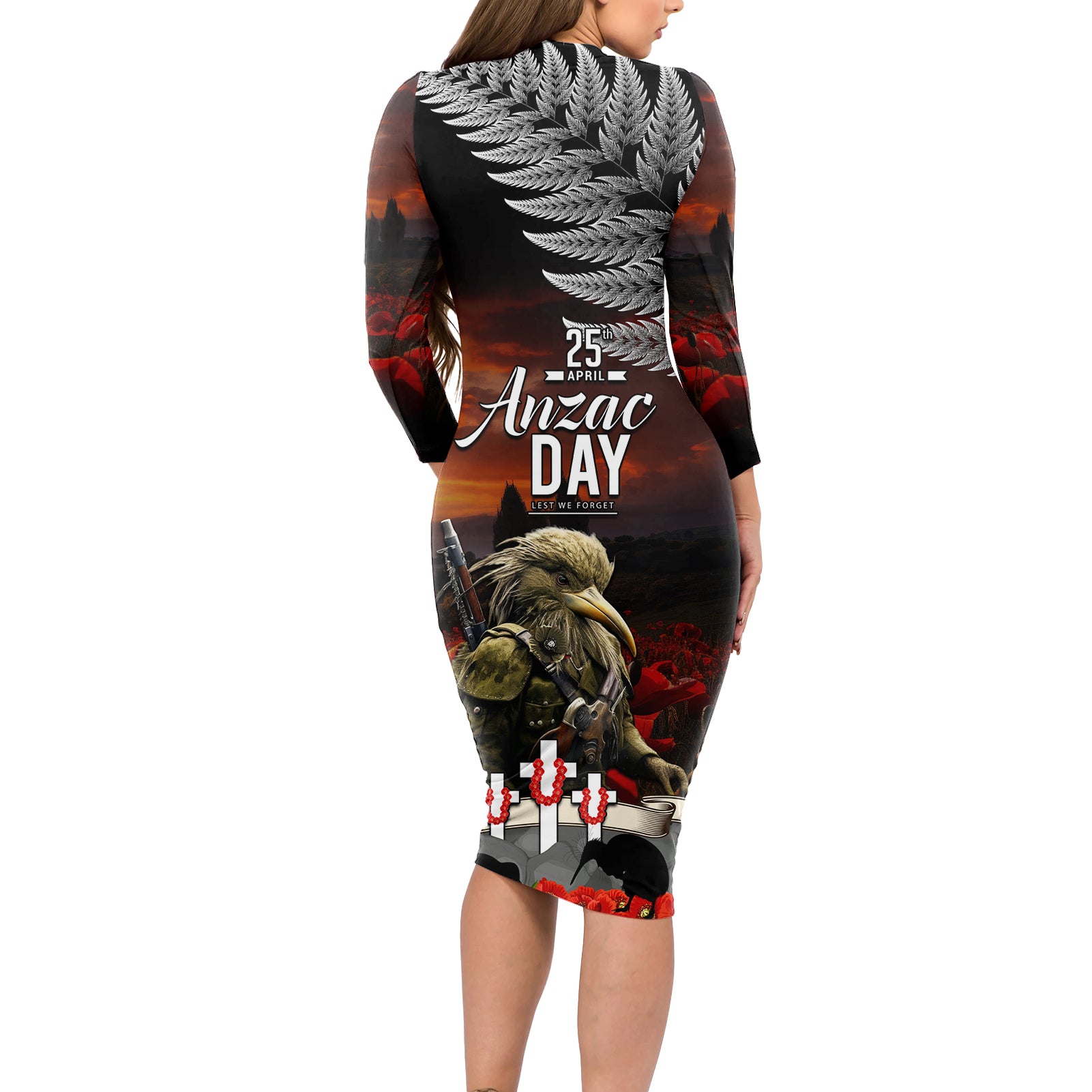 New Zealand ANZAC Day Long Sleeve Bodycon Dress The Ode of Remembrance and Silver Fern