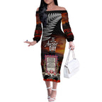 New Zealand ANZAC Day Off The Shoulder Long Sleeve Dress The Ode of Remembrance and Silver Fern