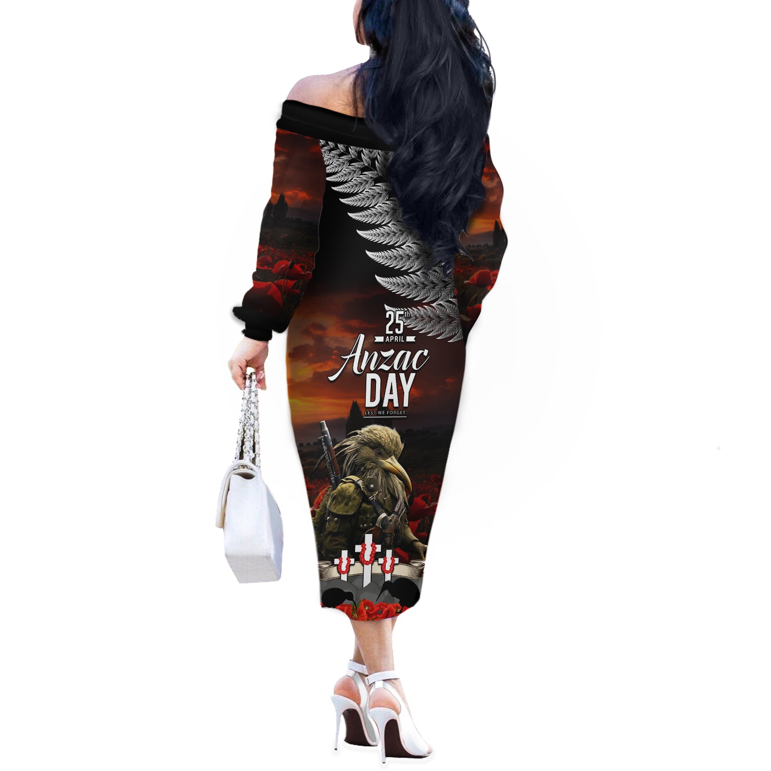New Zealand ANZAC Day Off The Shoulder Long Sleeve Dress The Ode of Remembrance and Silver Fern