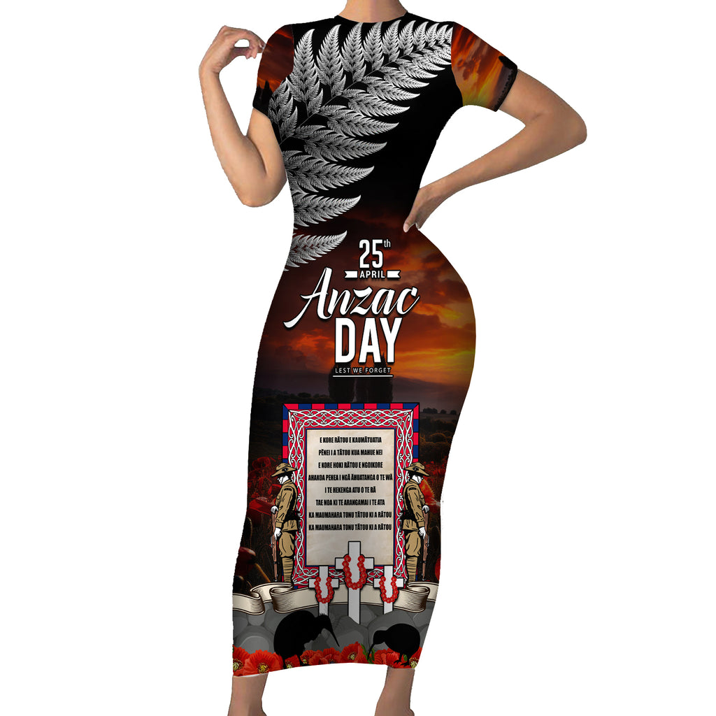 New Zealand ANZAC Day Short Sleeve Bodycon Dress The Ode of Remembrance and Silver Fern