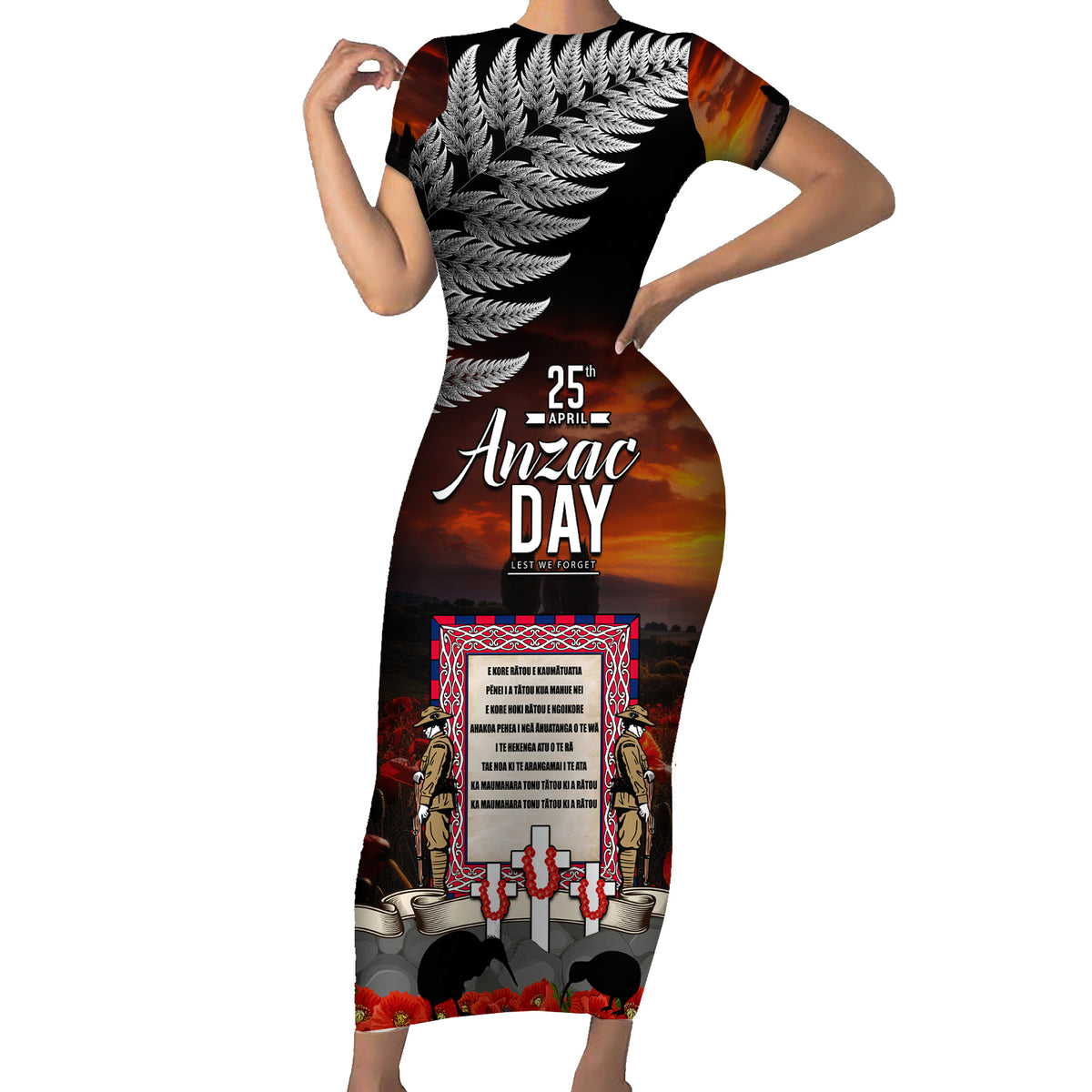 New Zealand ANZAC Day Short Sleeve Bodycon Dress The Ode of Remembrance and Silver Fern