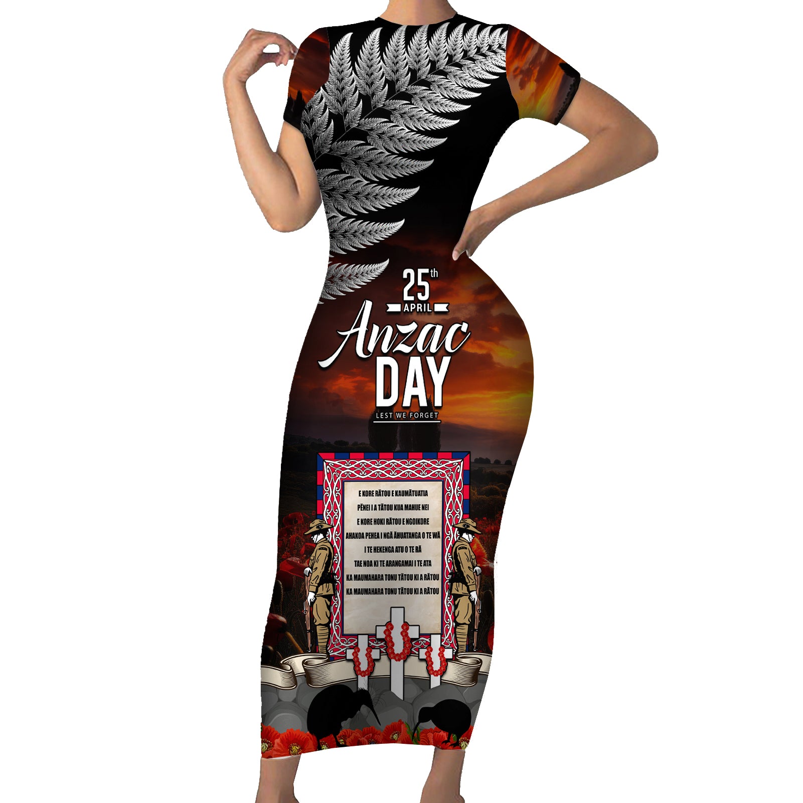 New Zealand ANZAC Day Short Sleeve Bodycon Dress The Ode of Remembrance and Silver Fern