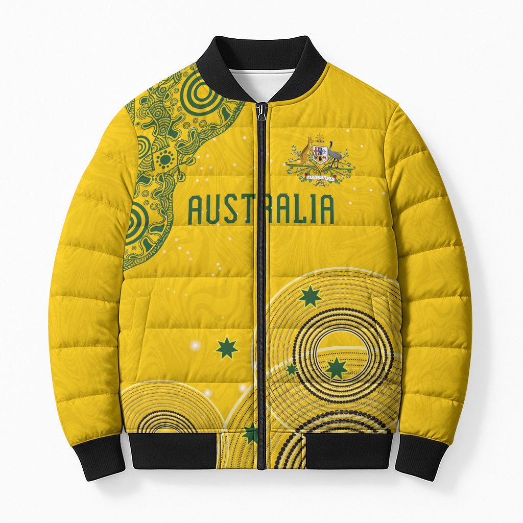 Custom Australia National Football Bomber Puffer Jacket Socceroos-Aboriginal Dot Art Heritage Graphic
