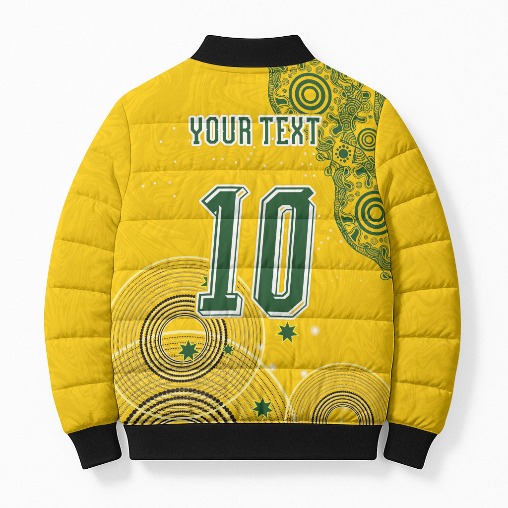 Custom Australia National Football Bomber Puffer Jacket Socceroos-Aboriginal Dot Art Heritage Graphic