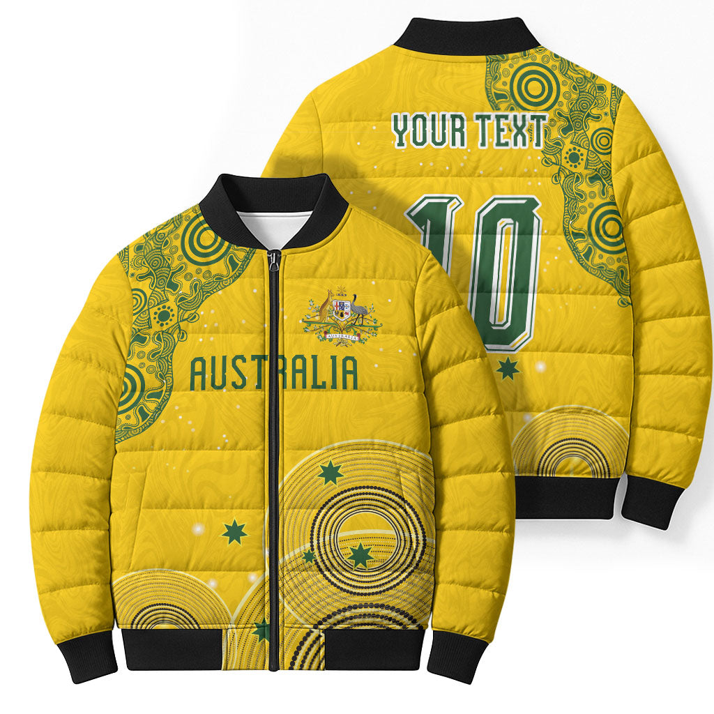 Custom Australia National Football Bomber Puffer Jacket Socceroos-Aboriginal Dot Art Heritage Graphic