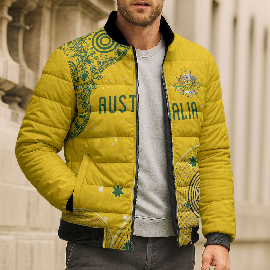 Custom Australia National Football Bomber Puffer Jacket Socceroos-Aboriginal Dot Art Heritage Graphic