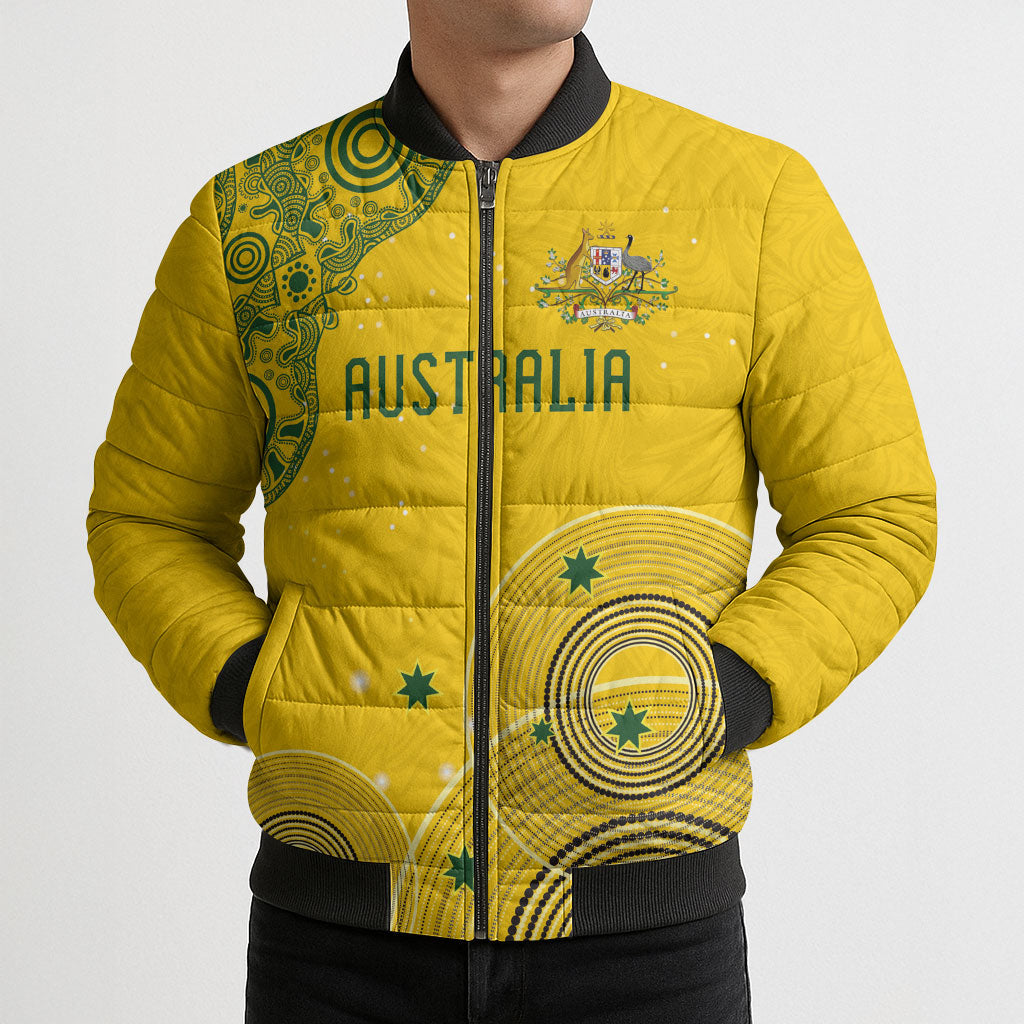 Custom Australia National Football Bomber Puffer Jacket Socceroos-Aboriginal Dot Art Heritage Graphic