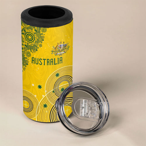 Custom Australia National Football 4 in 1 Can Cooler Tumbler Socceroos-Aboriginal Dot Art Heritage Graphic