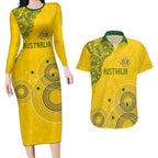 Custom Australia National Football Couples Matching Long Sleeve Bodycon Dress and Hawaiian Shirt Socceroos-Aboriginal Dot Art Heritage Graphic