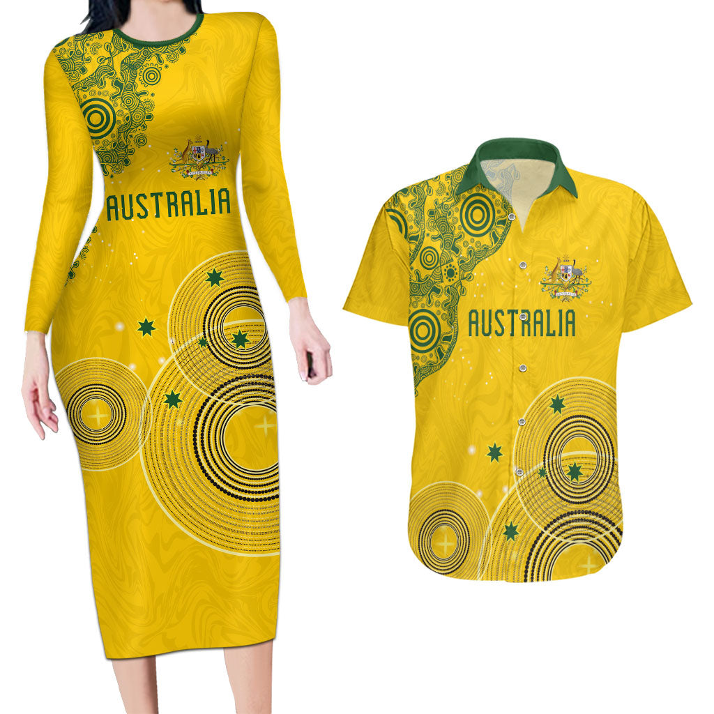 Custom Australia National Football Couples Matching Long Sleeve Bodycon Dress and Hawaiian Shirt Socceroos-Aboriginal Dot Art Heritage Graphic