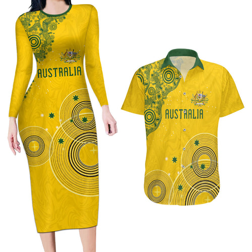 Custom Australia National Football Couples Matching Long Sleeve Bodycon Dress and Hawaiian Shirt Socceroos-Aboriginal Dot Art Heritage Graphic